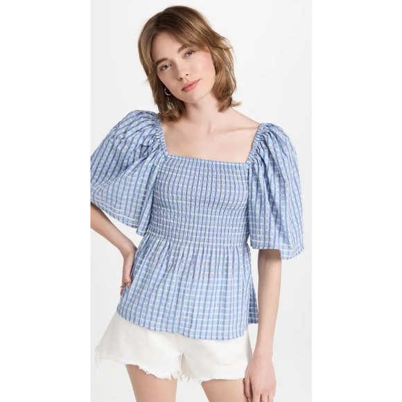 Anthropologie Stella Nova Penelope Smocked Blouse US 6 Blue Plaid Check Cutout - Picture 3 of 10